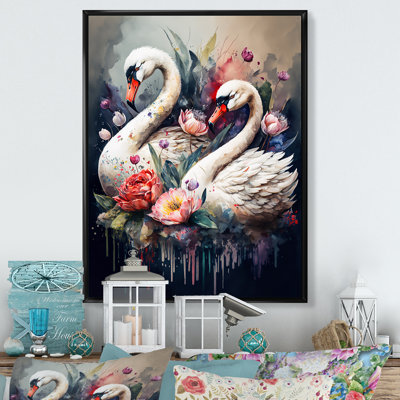 «Cute Swans Floral Art I», art mural sur toile