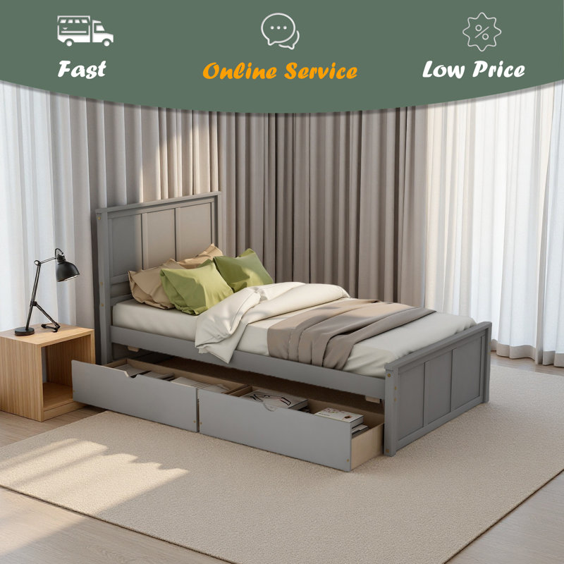 Lit plateforme avec rangement, 2 tiroirs avec roulettes, Gris