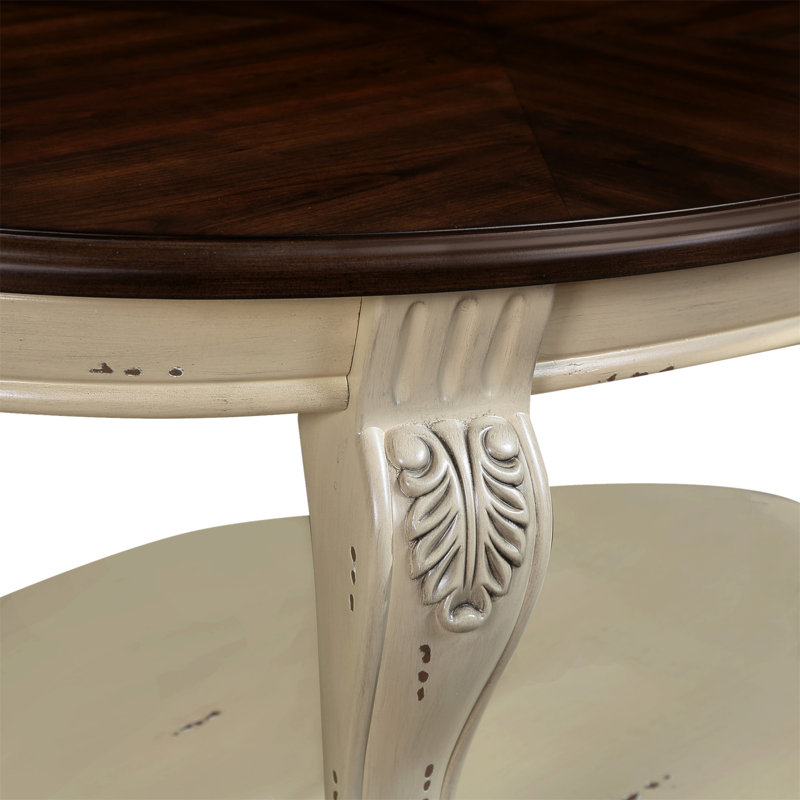 Table basse ovale en bois de 42 po pour le salon, table basse en bois massif à 2 niveaux avec tablette de rangement ouverte