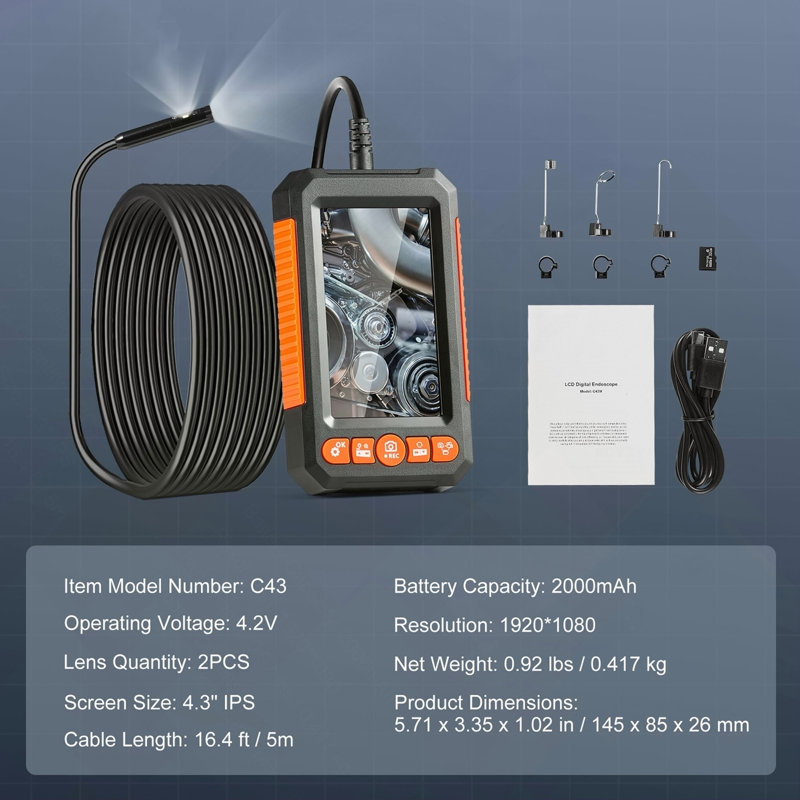 Endoscope Camera with Lights Dual Lens Borescope 16.4FT Cable 4.3" Screen