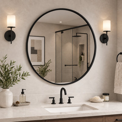 32 Inch Metal Framed Round Wall Mirror, Black Bathroom Vanity Mirror