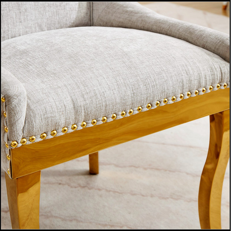 Chaises de salle à manger en chenille de style moderne avec pieds courbés plaqués or et garniture de rivets, confort rembourré pour la salle à manger / salon, sièges d'appoint avec tissu texturé et structure une pièce, ensemble de 2