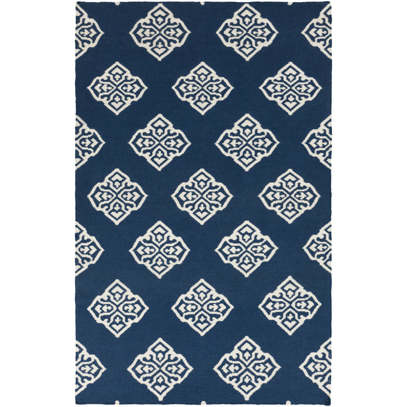 Tapis bleu en laine tissé à plat à la main Atkins, Rectangle 3 pi 6 po x 5 pi 6 po