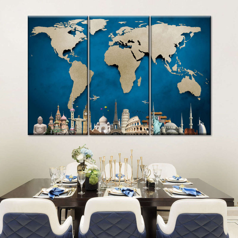 Carte du monde océan bleu 3 pièces, H 28 po x l 45 po x P 1,25 po