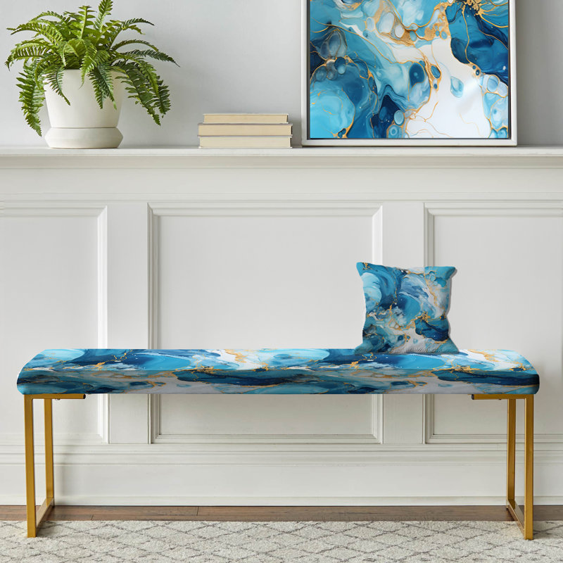 Marble Upholstered Gold Bench, Blue Oceanic Allure Marble Pattern