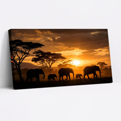 «Elephant Herd Sunset Silhouette», ensemble de 1 reproduction d'art sur toile tendue