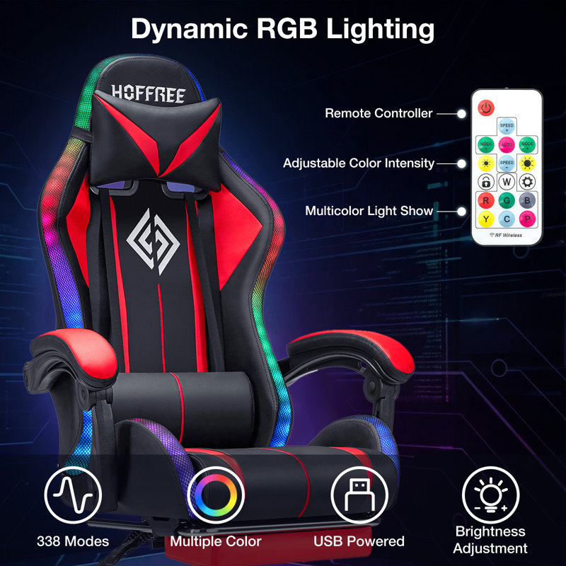 Hoffree LED Ergonomic Gaming Chair with Bluetooth Speakers and Vibration Lumbar Pillow, Red/Black