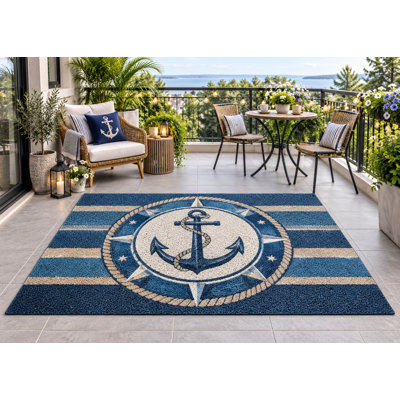 Tapis d'extérieur 152 x 213 cm (5' x 7') à motif d'ancre et boussole nautiques, en PVC épais, imperméable et bouclé, idéal pour terrasse, balcon, entrée, VR ou autre espace de vie. Séchage rapide.