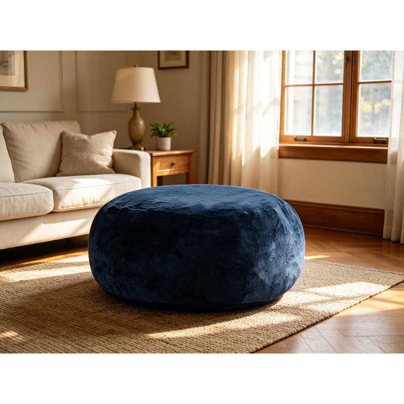Pouf rond bleu, garni de mousse à mémoire de forme, recouvert d'un tissu velboa doux en polyester, fauteuil confortable pour salon, chambre ou dortoir.