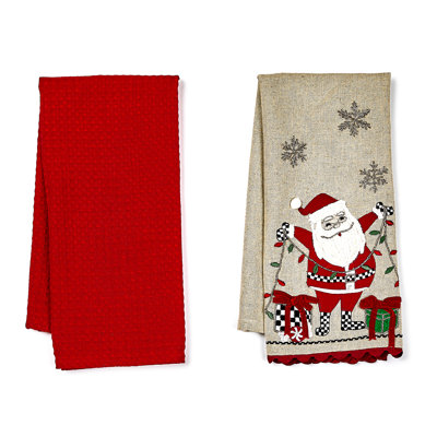 Santa with Tree Lights Embroidered Dish Towels