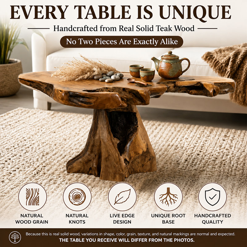 Burruss Handmade Solid Wood Live Edge Coffee Table with Natural Root Pedestal Base Every Piece Uni