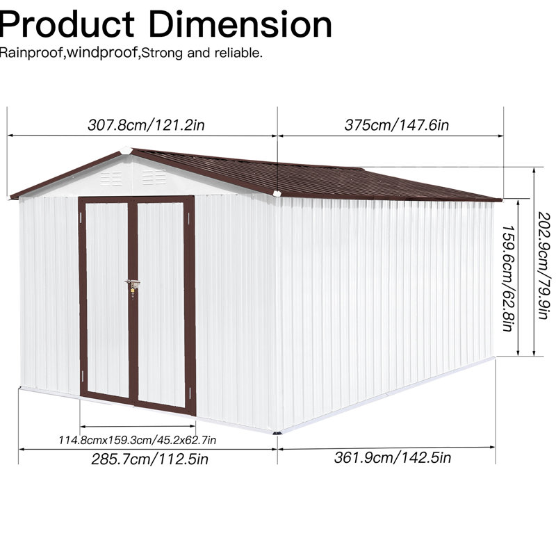 Remise de jardin en métal 10Ftx12ft - Rangement en panneaux galvanisés pour une construction en aluminium robuste