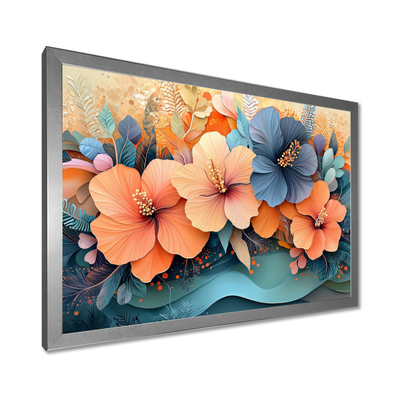 Hibisuc tropical dans une symphonie côtière II - Hibiscus, art mural, H 16 po x l 32 po, Cadre flottant, Natural