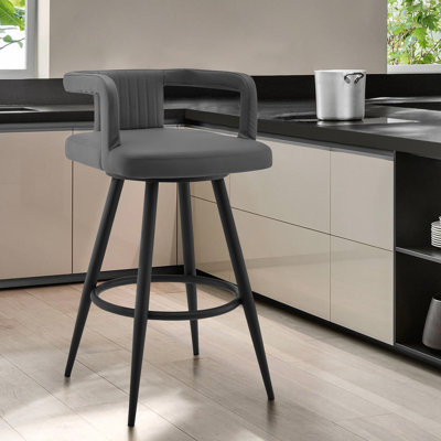Tabouret de bar pivotant en similicuir de 30 po en métal noir et gris, mobilité à 360 degrés, conception respirante, siège en mousse souple, tabouret de construction avec pivot, dossier ouvert, rembourrage, repose-pieds pratique