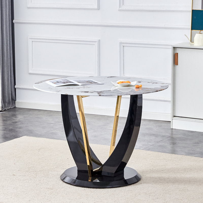 Table de salle à manger en verre, H 30 po x L 42 po x l 42 po, Blanc / noir / or