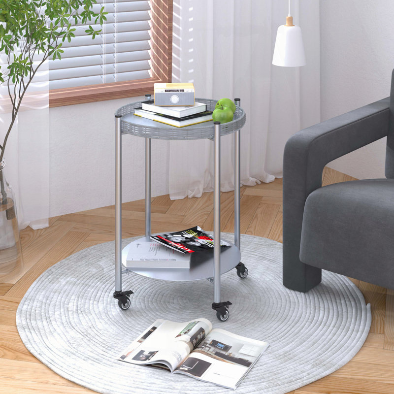 Table d'appoint ronde à 2 niveaux avec roulettes - Gris argenté, mobile