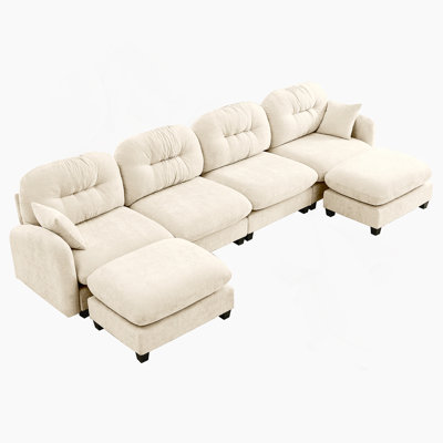 Modular Sectional U Shaped Couch With Ottoman, Soft Chenille Fabric, Tufted Cushion Backrest, Ergonomic Design For Bedrooms And Living Rooms