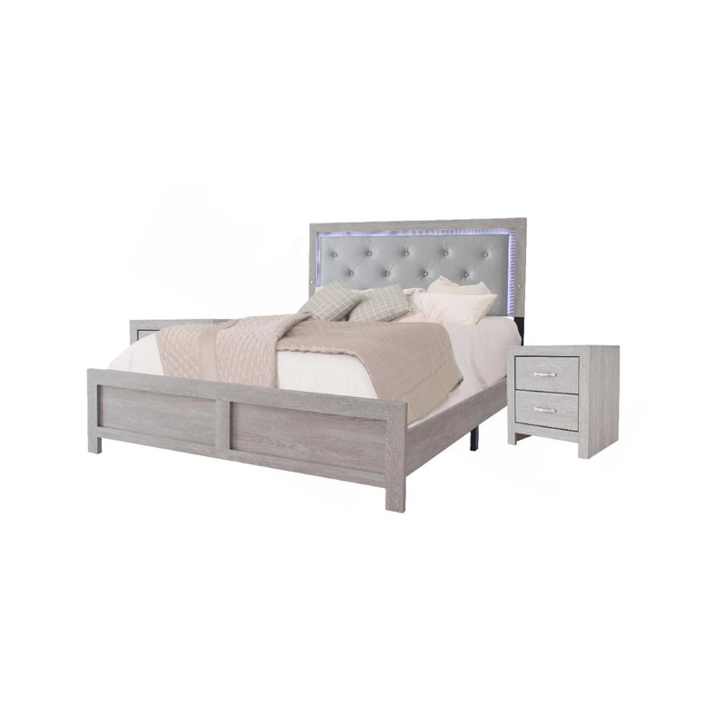 Lit à panneau moderne 1Pc avec éclairage de tête de lit capitonné beige, Grand lit