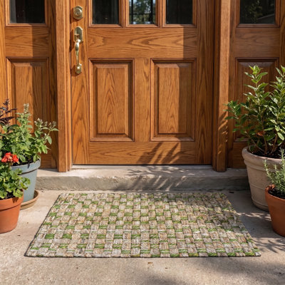 Tapis beige/vert 2 pi x 3 po one-of-kind handwoven Paulson