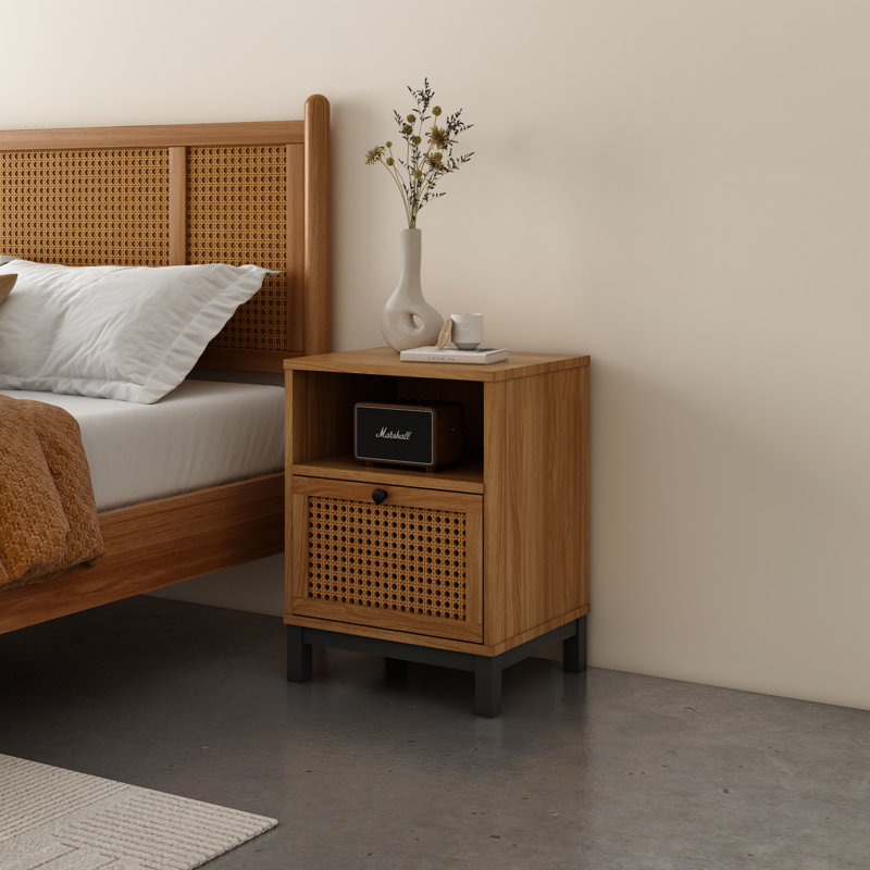 Modern Wood Nightstand With Rattan Door Storage