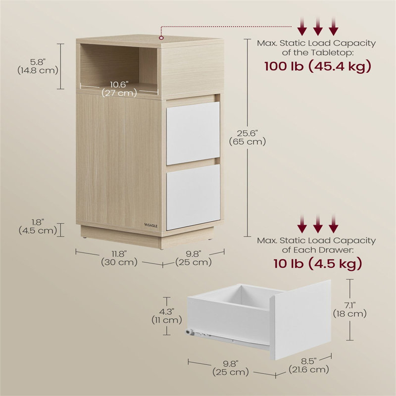 25cm W Bedside Table,  Beige