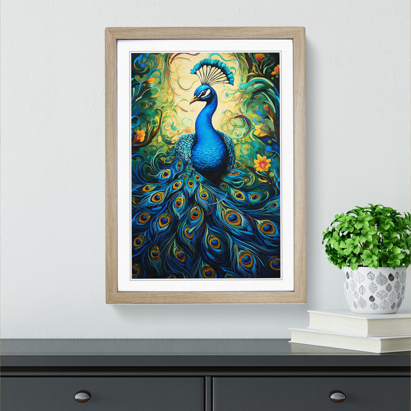 Peacock Action No.2 Framed Print, 64cm H x 46cm W x 2" D, Oak Framed