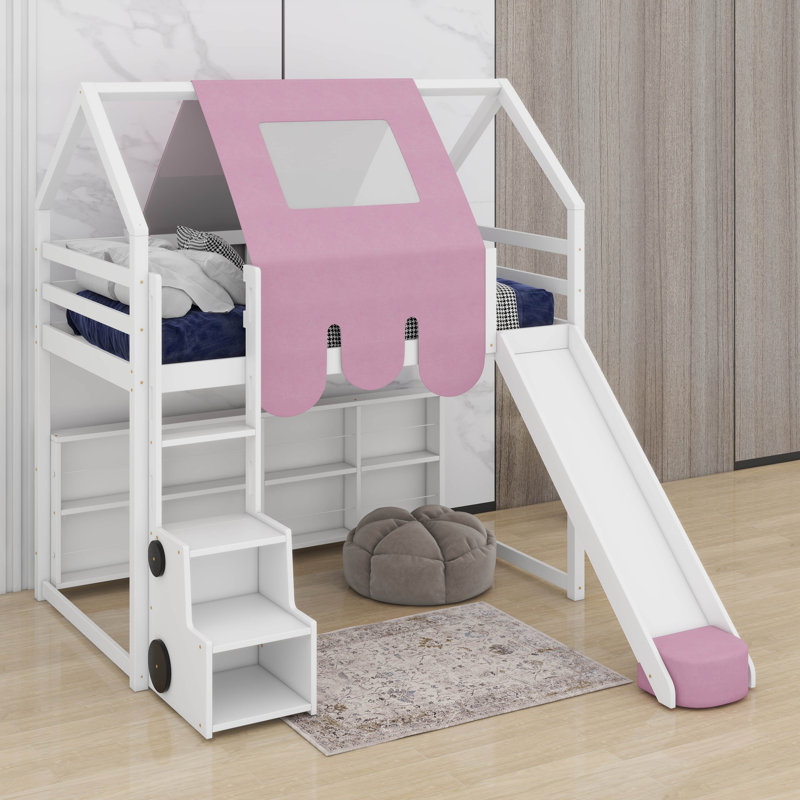 Lit mezzanine simple avec tente, Blanc / Rose