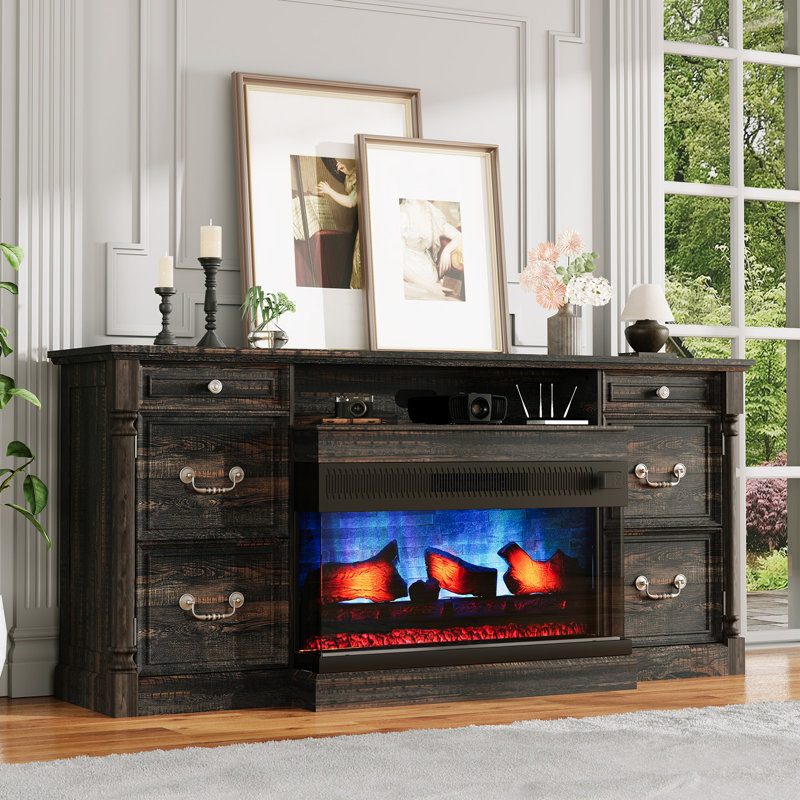 Emonte 75" Farmhouse TV Stand with 3-Sided Glass Fireplace, Espresso Wood