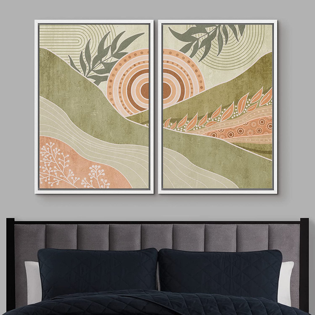 Mid Century Modern Boho Pastel Green Abstract Landscape Valley  Framed Canvas 2 Piece Print Wall Art IDEA4WALL Frame 