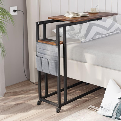 Rolling C-Shaped Bedside Table With Charging Station, Storage Bags, And Lockable Wheels For Living Room And Bedroom