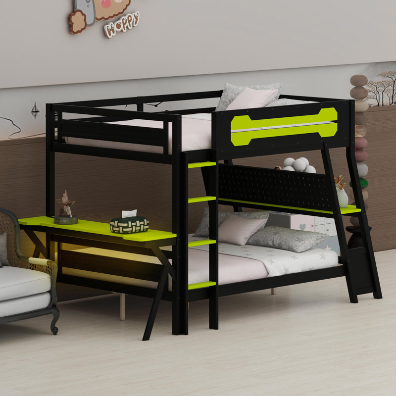 Cadre de jeu double à deux stations avec bureaux intégrés, ports de bureau USB et panneaux d'organisation, Lit double, Vert