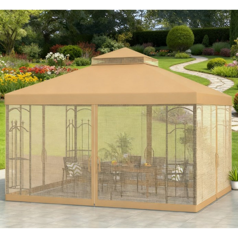Pavillon de jardin élégant à double toit avec tablettes, structure en acier, pour recevoir