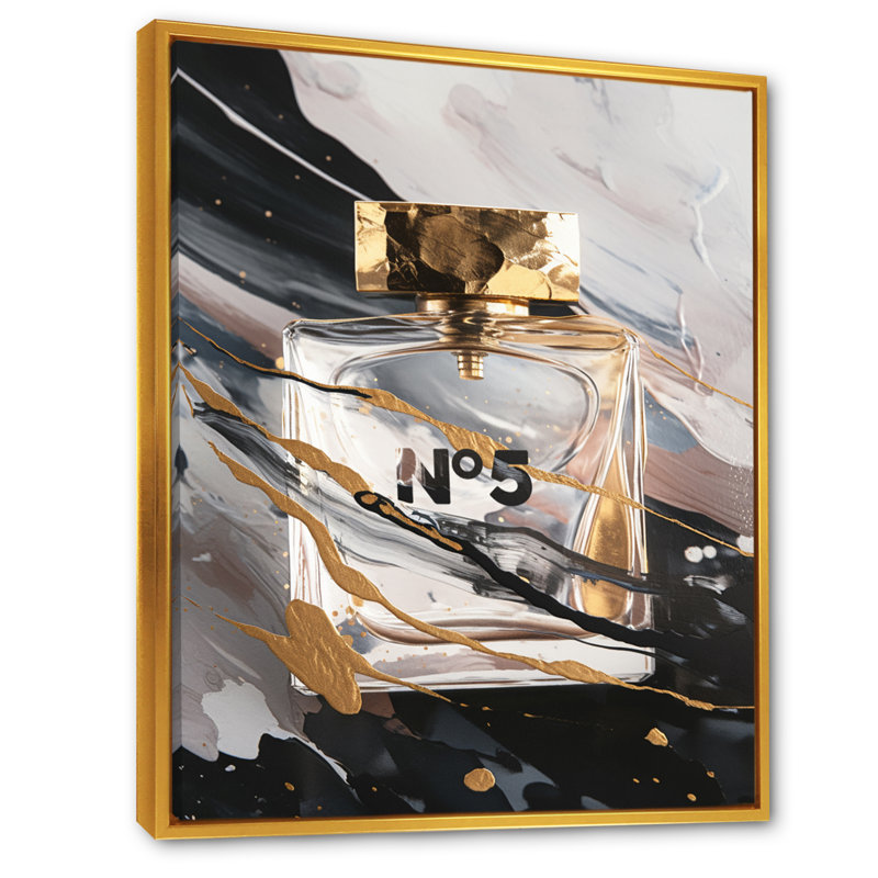 Chefs-d'œuvre de bouteille de parfum noir IV - impression, H 32 po x l 24 po x P 1 po, Cadre flottant doré