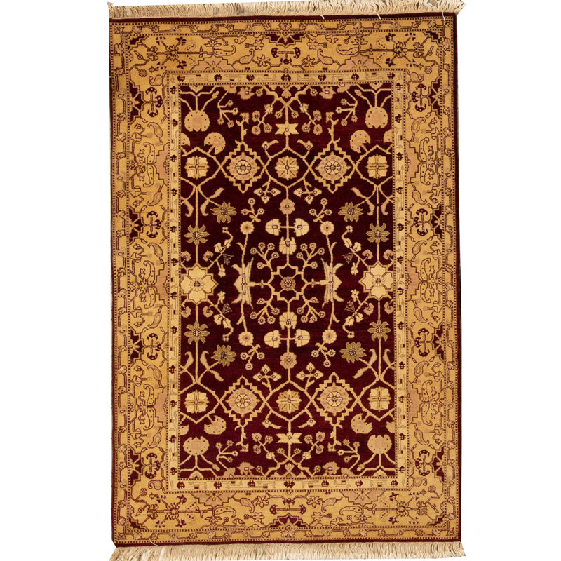 Tapis rouge et jaune noué à la main de haute qualité