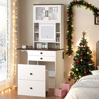 Ensemble de coiffeuse avec miroir et lumières, ensemble de coiffeuse blanche avec station de chargement et armoire avec lumières