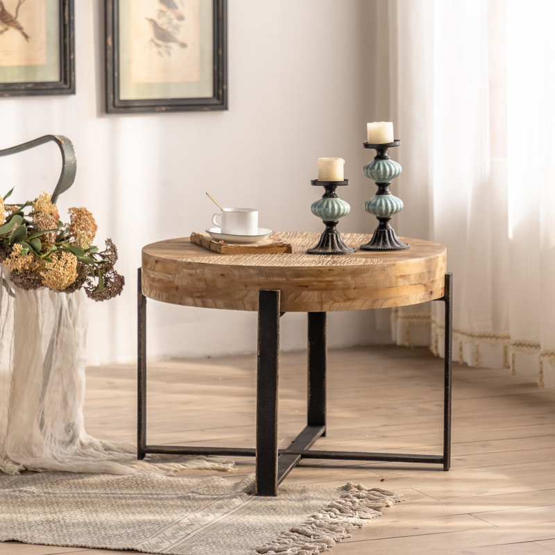 Table basse ronde en bois naturel de 32 po Napa - Pieds dorés, Noir, H 17 po x L 24 po x l 24 po