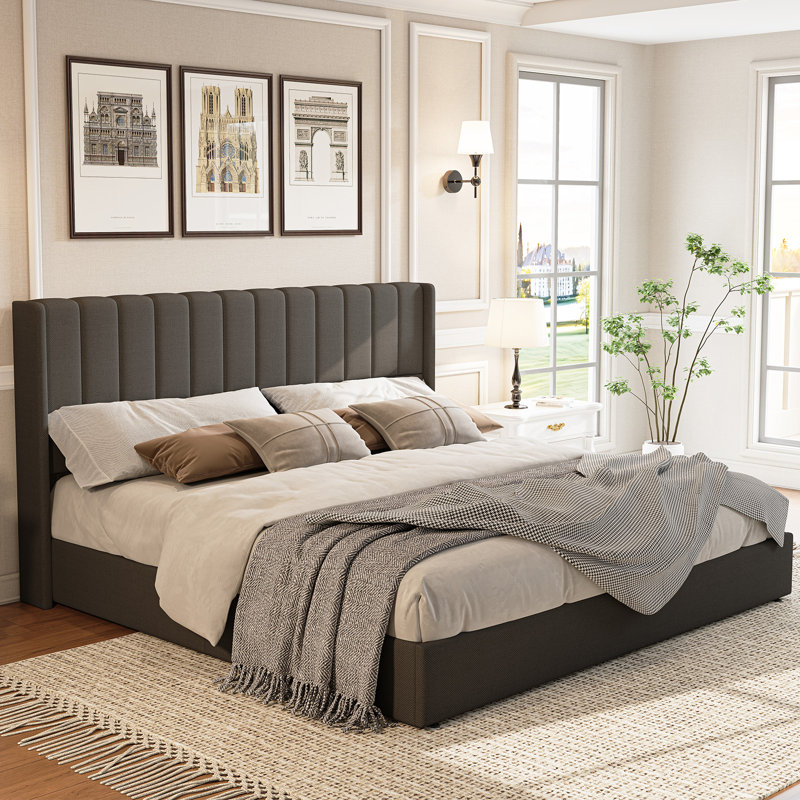 Modern Upholstered Platform Bed with Grid Tufted Headboard, King, Gray