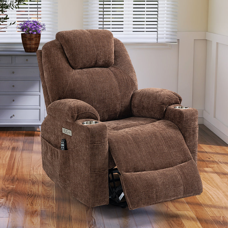 Weona 35.43" W Power Recliner, Liftable, Massage, Heater, Cup Holder, Brown Chenille