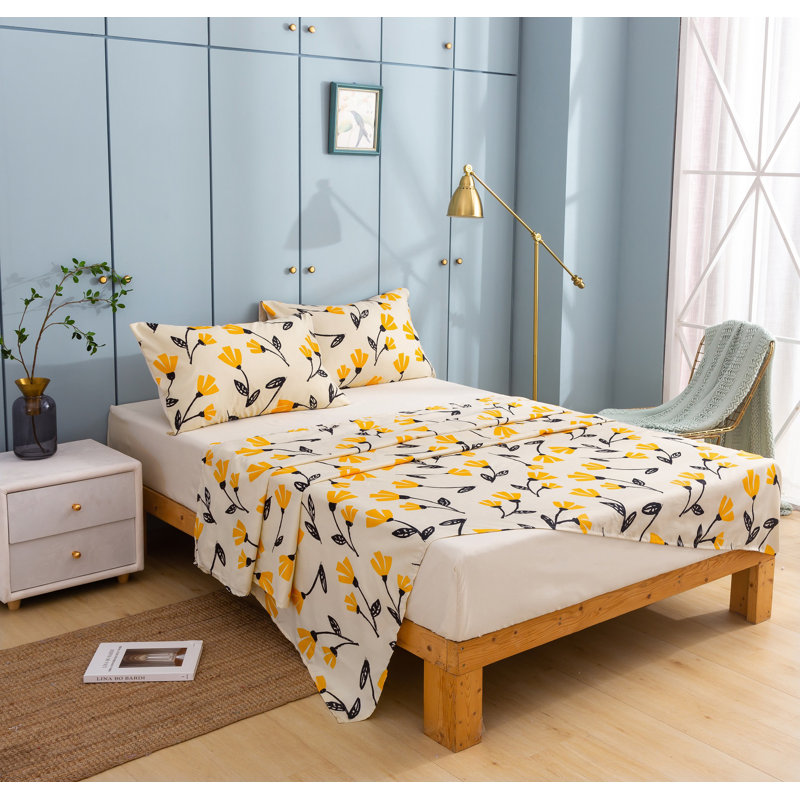 Ensemble de draps tulipes crème et jaunes, Ensemble de draps pour grand lit + un drap-housse 