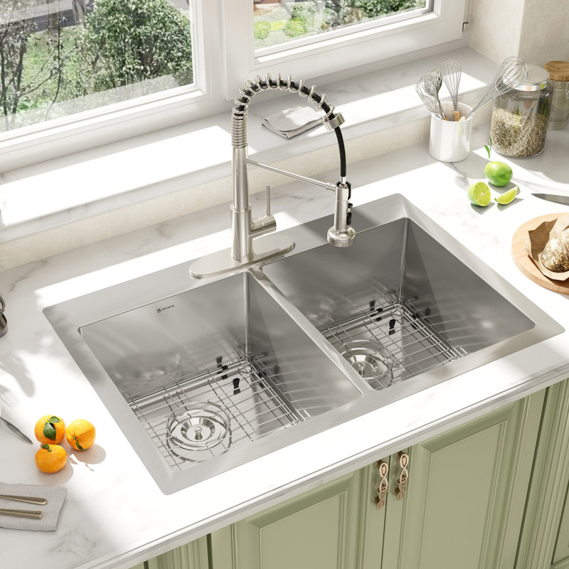 33"L x 22"W Double Bowl Stainless Steel Drop-In Kitchen Sink with 1 Faucet Hole
