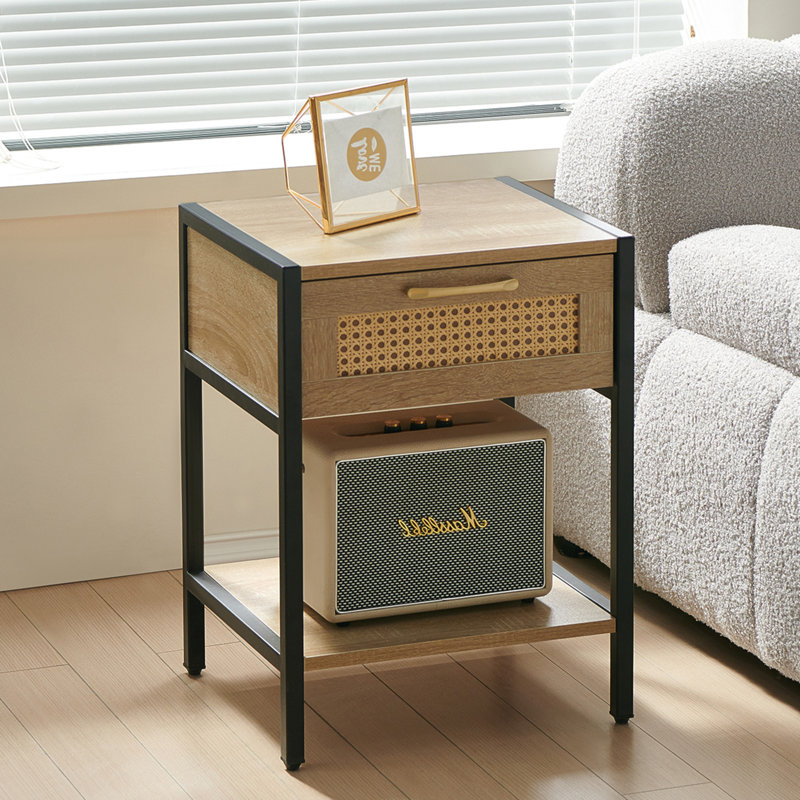Natural Rattan and MDF Nightstand with Metal Legs and Storage