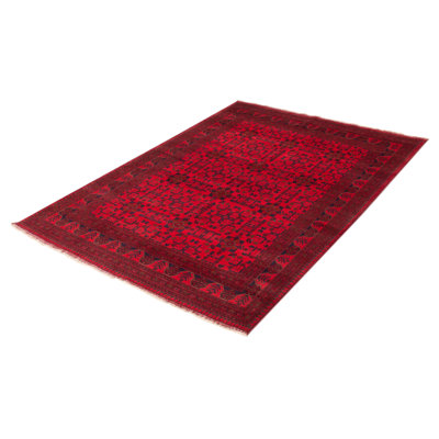 Tapis rouge / bleu / beige en laine noué à la main de conception unique 6 pi 6 po x 9 pi 7 po Ajourney New Age