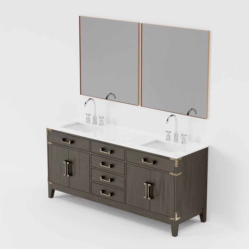 Ensemble de miroirs de salle de bain double 72 po x P 22 po Laurel, Chêne brun, Marbre de Carrare blanc