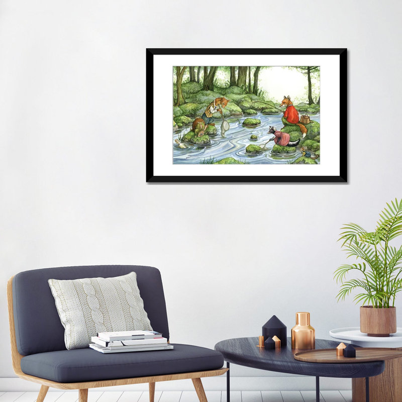 Fishing With Hector Fox And Friends, 24" H x 32" W x 1" D, White, Black Open Corner Framed Paper