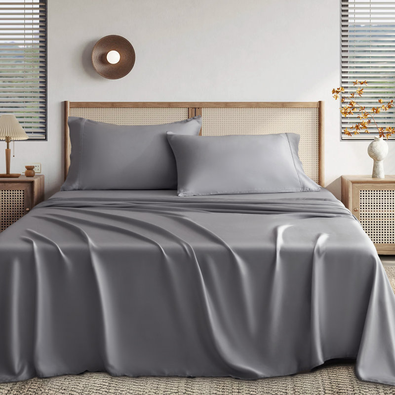Ensemble de draps de luxe, 100% rayonne de bambou soyeuse, Gris, Ensemble de draps pour grand lit avec 2 taies d'or