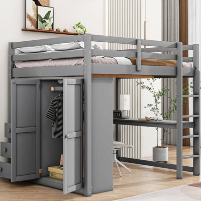Lit mezzanine double avec garde-robe, bureau et grand espace de rangement intégré en bois massif gris