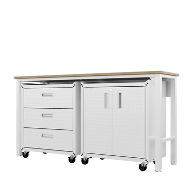 Établi blanc l 72,4 po x P 20,5 po Fortress avec deux armoires de rangement mobiles