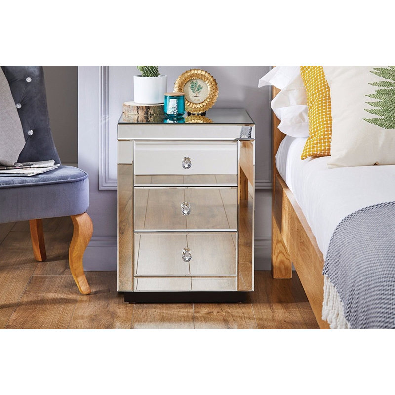 Yerington Mirrored 3 Drawer Nightstand Modern Design Bedside Table