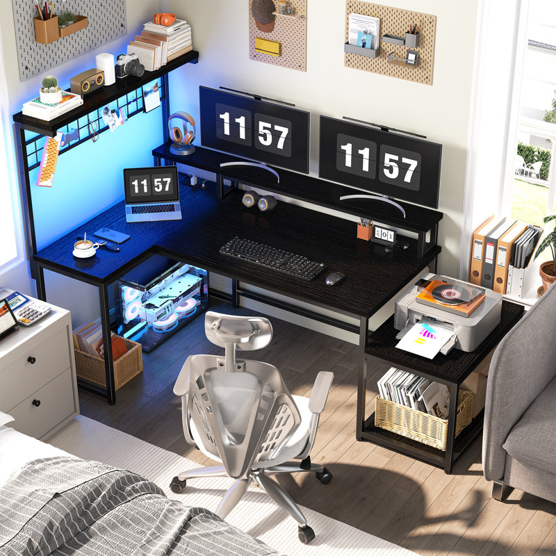 L Shaped Reversible Computer Desk With Power Outlet & Long Monitor Stand & Led Lights & Storage Shelves, Black