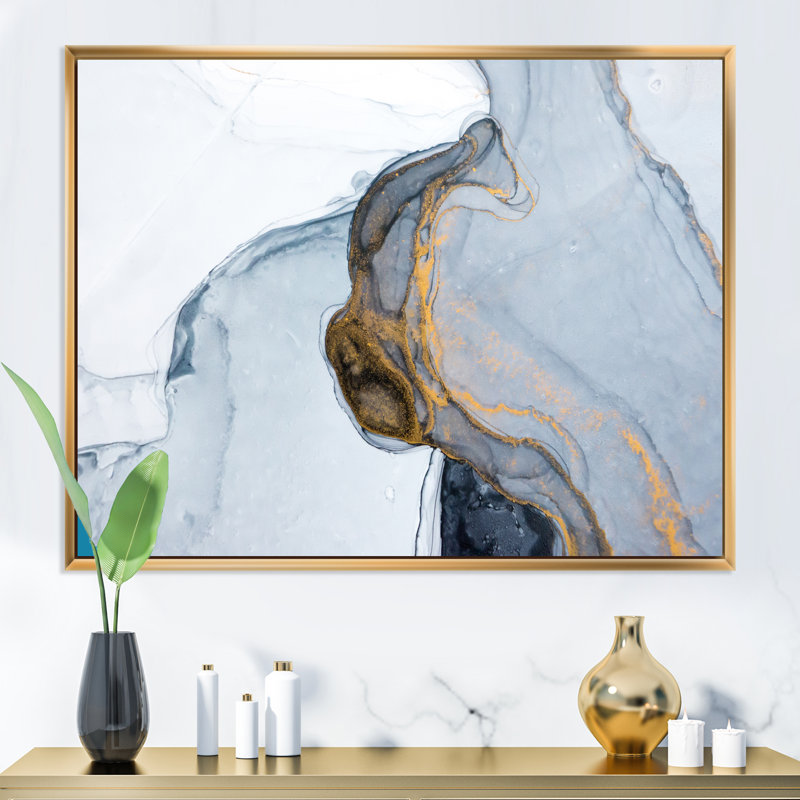 Luxe luxueux or gris marbré, art sur toile moderne, H 24 po x l 36 po x P 1 po, Toile encadrée flottante dorée